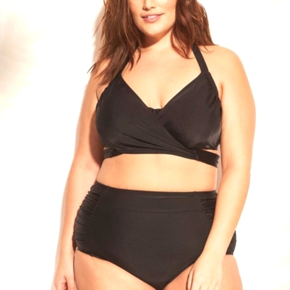 KONA SOL BLACK RUCHED HIGH-WAISTED BIKINI BOTTOMS  PLUS SIZE 3X 24-26 NWT